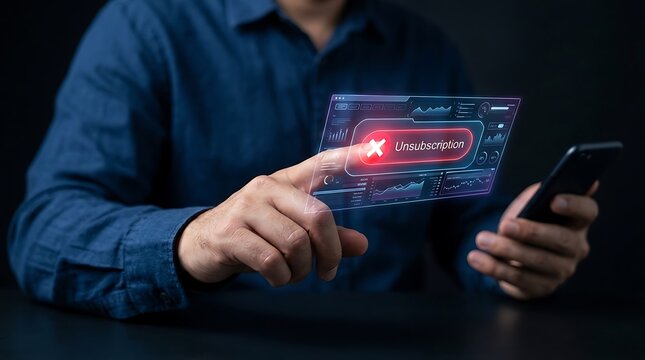Person touching glowing virtual interface screen displaying unsubscription option for mobile service subscription management