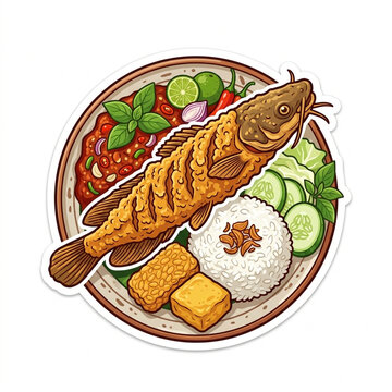 Indonesian Pecel Lele Fried Catfish with Sambal and Rice Sticker Illustration