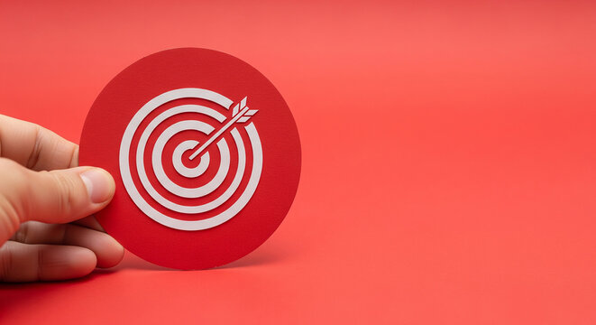 Hand holding a red target icon with arrow on vivid red background representing aim focus strategy achievement and marketing success