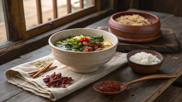 Authentic Bhutanese phaksha paa with pork belly and red rice served in handmade clay bowls on a rustic Himalayan wooden table
