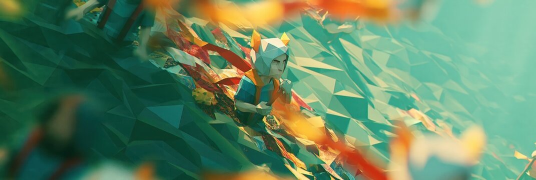 Low poly character with abstract geometric shapes and ribbons