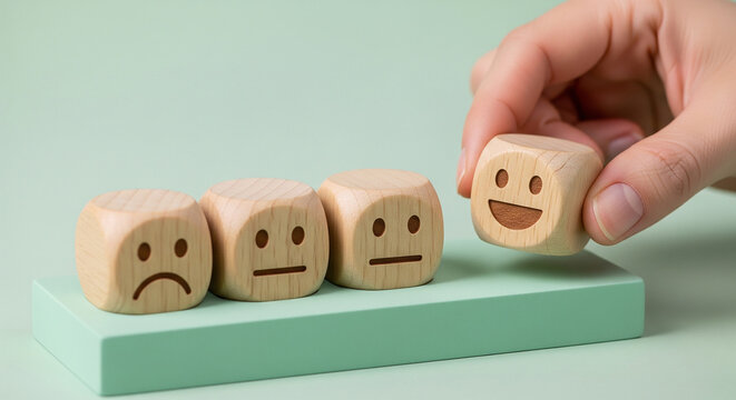 Hand placing wooden smiley face blocks showing different emotions symbolizing mood feelings feedback happiness and mental wellbeing