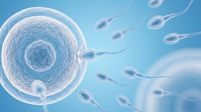 Human egg cell fertilization process with multiple sperm cells swimming towards it in blue lighting