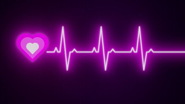 A vibrant pink neon heartbeat monitor line pulses across a dark atmospheric space alongside a glowing nested heart shape symbolizing human life vitality and medical care technology innovation