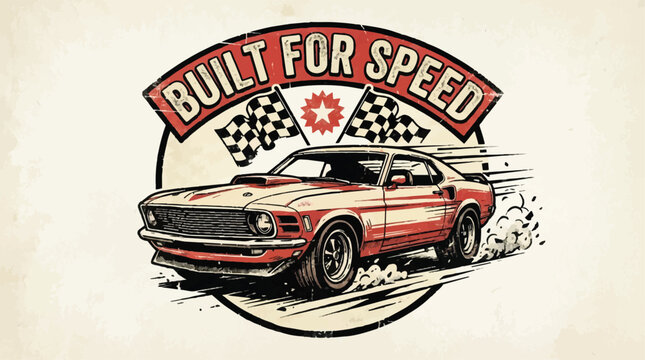 Retro muscle car performing speed race with checkered flags in vintage racing style