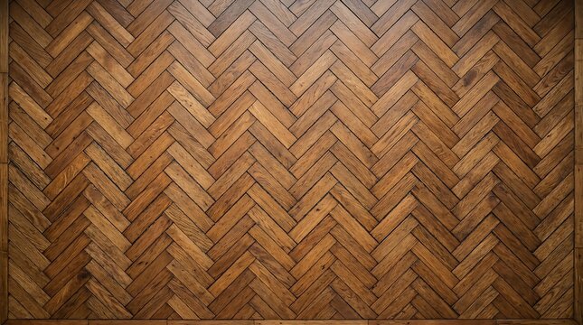 Elegant brown wooden herringbone parquet floor pattern with polished natural grain texture