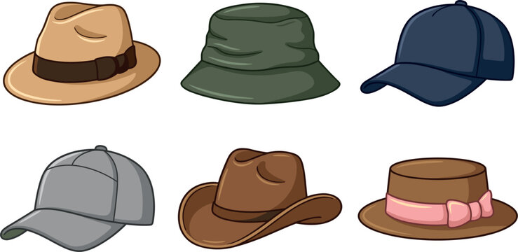 Men and women fashion hats collection set including fedora bucket hat baseball caps cowboy hat vector illustration