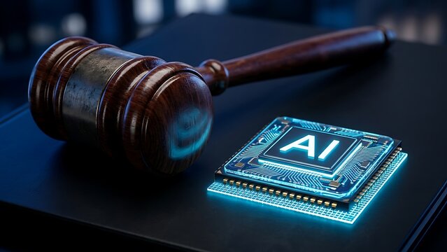 Wooden judge gavel resting beside a glowing digital microchip representing artificial intelligence law regulation