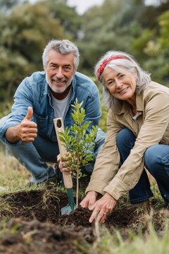 Seniors smiling while planting a young tree in the park for environmental sustainability