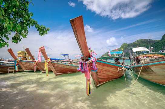 Natural scenery of long-tail boats on the beach of Phi Phi Don, Krabi, Thailand