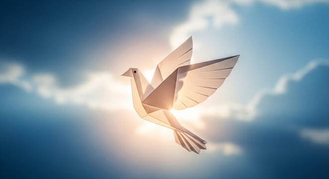 Majestic dove gliding across dramatic sunset clouds in golden sky embodying freedom hope peace inspiration and natural beauty