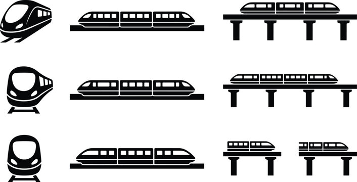 Train and monorail vector icon set featuring high speed transit subway rail and elevated bridge track silhouettes