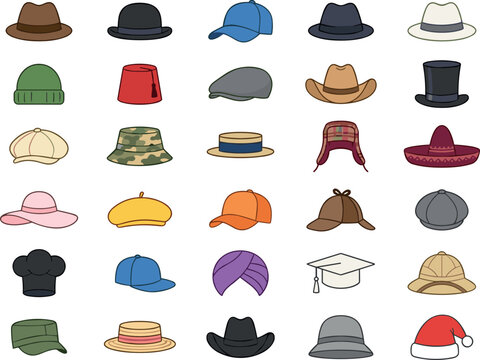 Set of various cartoon hats and caps icons collection isolated on white background flat vector illustration
