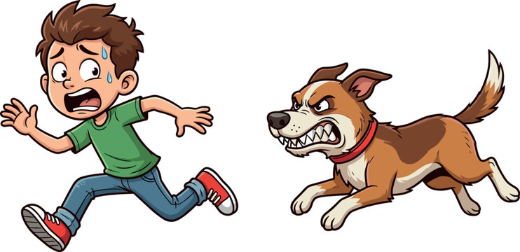 Scared cartoon boy running away from an angry aggressive barking dog chasing him vector illustration isolated on white