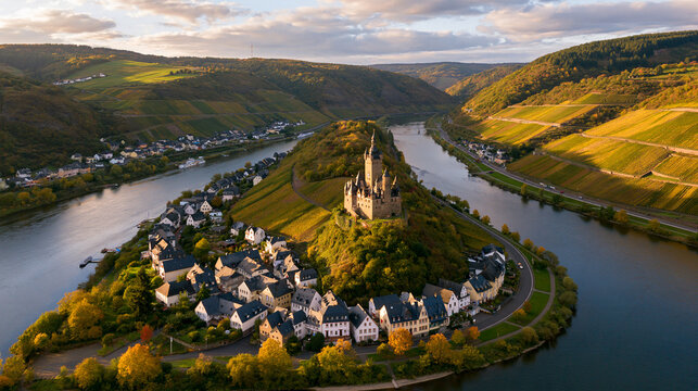 Aerial view, Poltersdorf with vineyards and the castle Metternich, Mosel, Cochem-Zell district, Rhineland-Palatinate, Germany --ar 16:9 --hd --v 8.2 Job ID: e22ea2db-b740-48d2-9b51-9f00c91fa624
