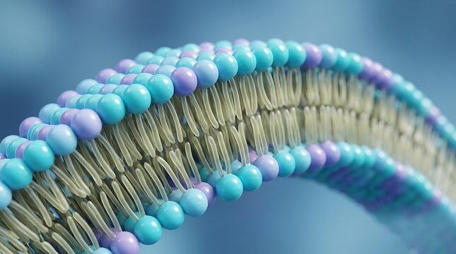 Detailed 3D rendering of phospholipid bilayer membrane structure showing hydrophilic heads and hydrophobic tails