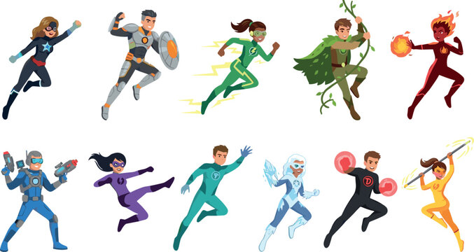Superhero cartoon characters collection featuring diverse brave men and women heroes with unique elemental superpowers