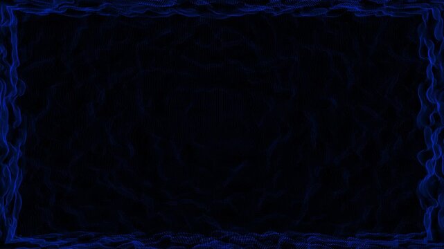 Glowing blue particle frame on black background with copy space for text, abstract wave border overlay for greeting video and presentation