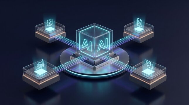 AI Glass Cube Connected to Four Business Automation Task Modules
