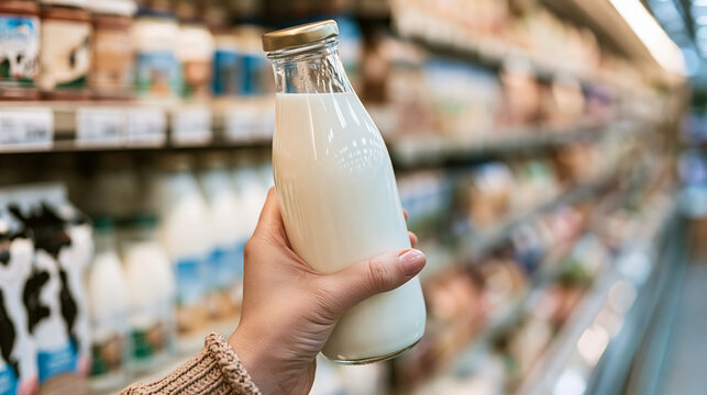 Hand holding glass bottle of fresh milk in supermarket dairy aisle --ar 16:9 --hd --v 8.2 Job ID: dcb1cc79-5126-493c-8718-aa33daa23524