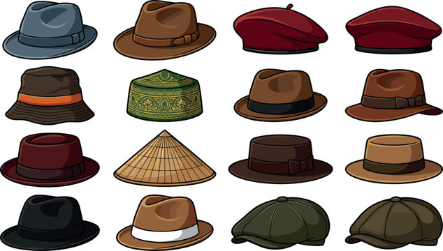 Vintage mens traditional hats collection set featuring fedoras berets newsboy caps and conical hat vector illustration isolated