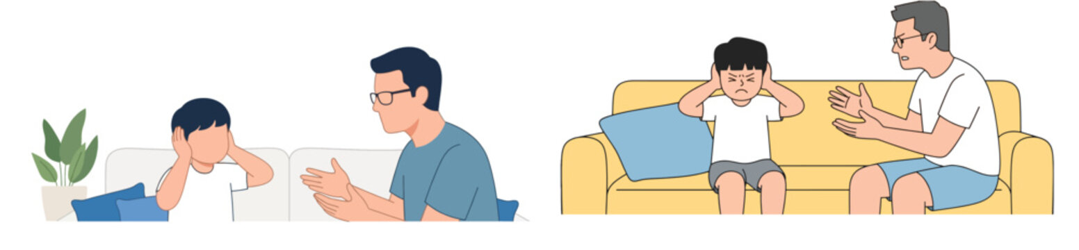 Father Scolding Little Son Sitting on Sofa Boy Covering Ears disobeying Angry Parent Discipline Problem and Family Conflict Concept Vector Illustration Isolated on White Background