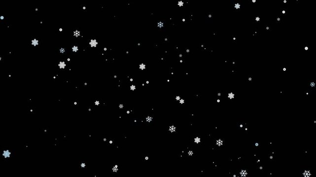 Snowflakes Falling Gently Downward on Isolated Black Background for Winter Holiday Visual Effects and Christmas Video Compositing