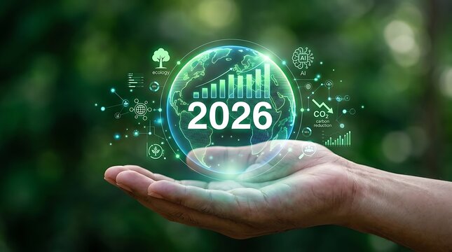 Human hands holding glowing digital globe representing sustainable development goals for year twenty twenty six