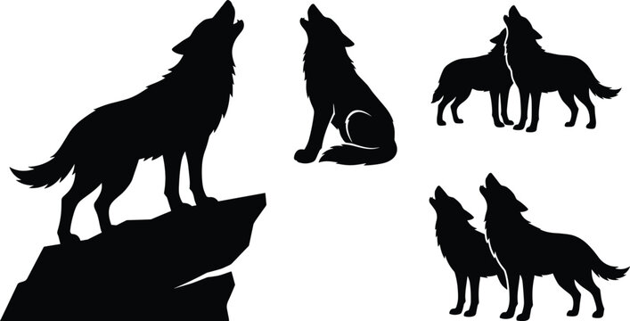 Wolf pack vector silhouette set featuring howling wolves standing on rocks and sitting isolated on white background