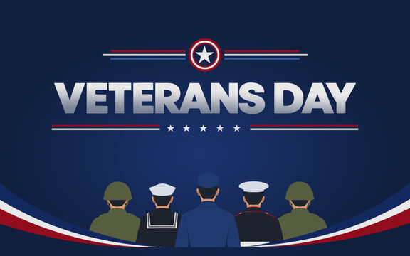 Veterans Day patriotic design featuring diverse military silhouettes, stars, flag-inspired red and blue accents, and bold typography honoring veterans and their service.