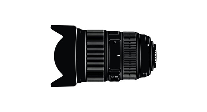 Black silhouette of a telephoto zoom lens on a white background