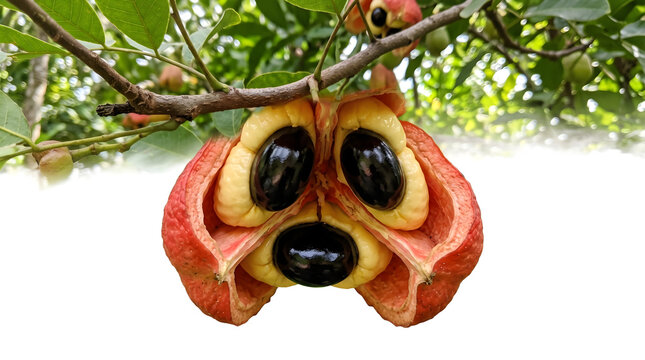 Ripe open ackee fruit hanging on tree branch showing yellow arils and shiny black seeds.  