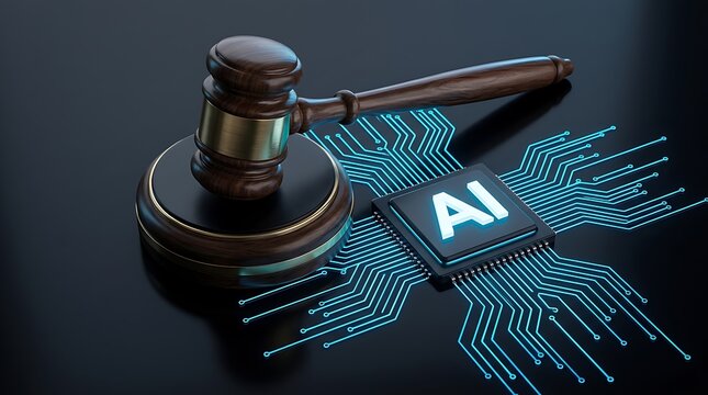 Wooden judge gavel resting beside microchip with glowing circuit board tracks representing artificial intelligence regulation