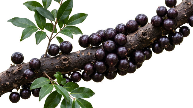 Fresh dark purple jabuticaba berries growing directly on tree trunk branch isolated on white background