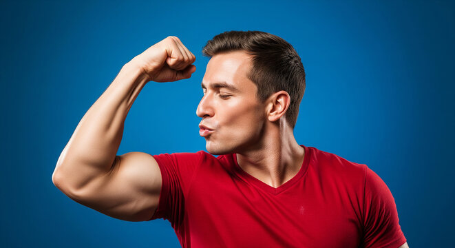 Fit man in red shirt flexing bicep against blue studio background displaying arm strength and athletic fitness determination