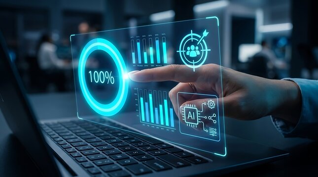 Futuristic digital technology interface displaying holographic data graphics and statistics over laptop computer screen indoors