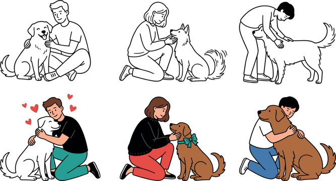 Happy people with dogs cartoon character vector collection set showing men and women hugging and petting their domestic animals isolated on white background