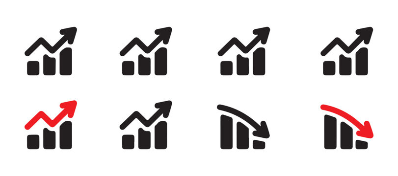 Variety of bar and line charts with arrows, including red upward and downward trends for financial data representation.
