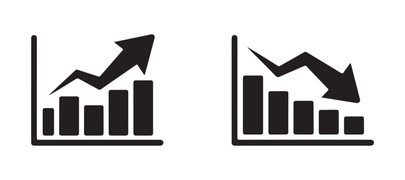 Growth and decline bar charts with arrows set on checkered background represents business statistics.