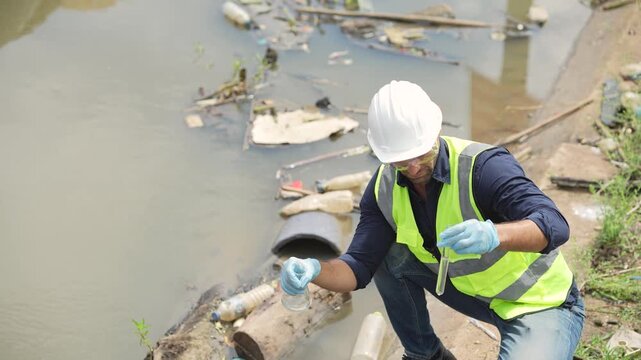 Environmental engineer collects water sample from polluted canal near drainage area to examine water quality and assess contamination during environmental field survey.
