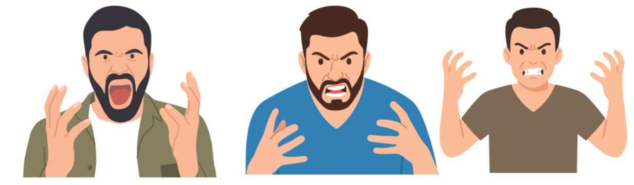 Angry Men Character Set Furious Frustrated Young Male Expressing Rage Stress and Aggression Vector Illustration Isolated on White Background