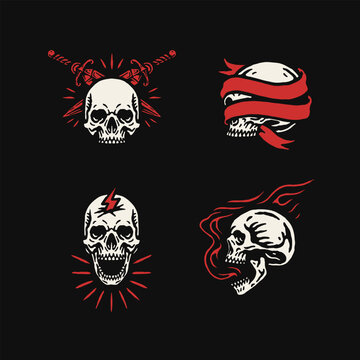 Hand drawn tattoo skull illustration with crossed swords, red ribbon, lightning bolt and flames on black background