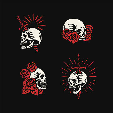 Traditional tattoo flash skulls with red roses, daggers, swords, ribbon and flames, hand drawn illustration on black background