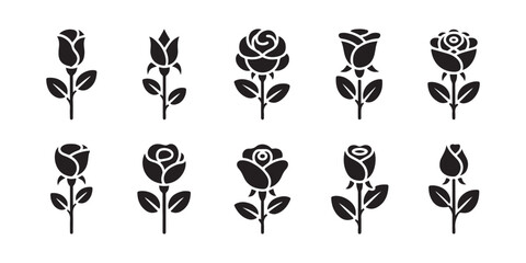 Obraz premium Minimalist black rose bud icons set offers various floral stencils for modern branding and logo work.