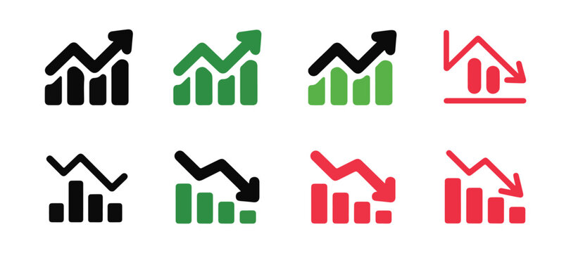 Set of financial progress icons showing growth or decline trends for business market data analysis.