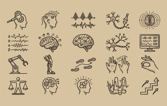 Clinical neurology diagnostics and brainwave monitoring sketches showcasing scalp eeg electrode sensors somatosensory cortex alpha beta waves and neural synapses