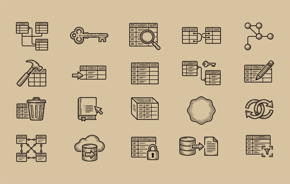 Relational database schema design and sql table management vector engraving set displaying primary foreign key relational schema search magnifying glass table join and olap cube