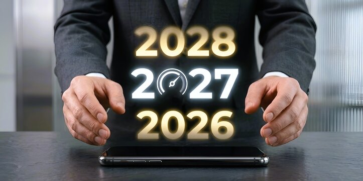 Businessman holding futuristic smartphone projecting years 2026, 2027, and 2028 with holographic display for future planning and business strategy