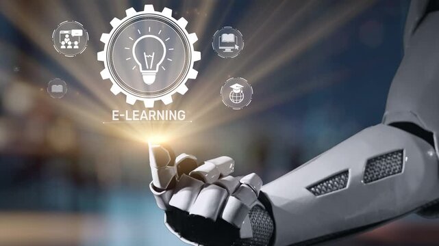 A futuristic robotic hand interacts with glowing icons representing e-learning and technology, symbolizing the evolution of education in a digital age. Salient