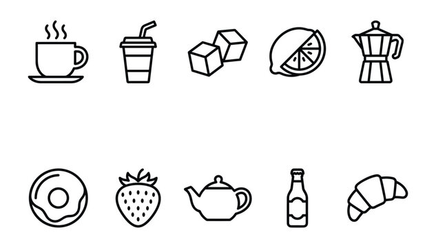Minimalist black outline vector cafe coffee shop icons set of hot beverages sweet desserts and breakfast items